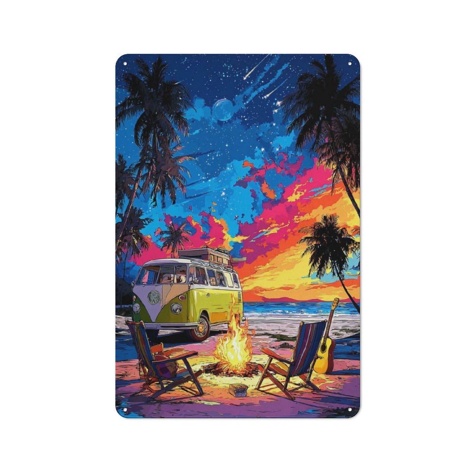 Junmoney Beach Sunset Van Campfire Scene Metal Wall Sign 30X20cm Featuring For Café Or Home Bar, A Winter Wall Decor Update For Hospitality Decor Collectors