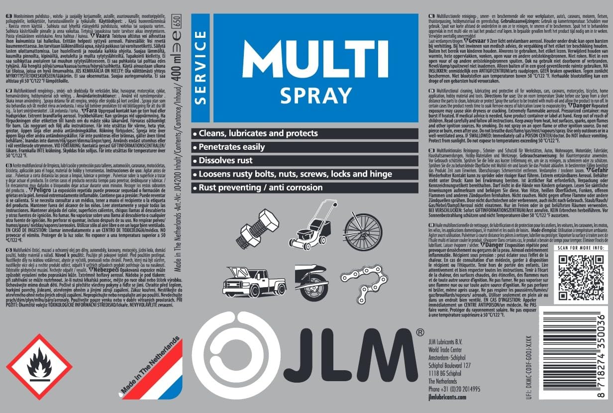 JLM Multi Spray 24 x 400ml - 9,6L - Multifunktionsspray für Werkzeuge - Kriechöl, Rostlöser, Schmierstoff, Schmiermittel - Pflege für Werkzeug (J04200)