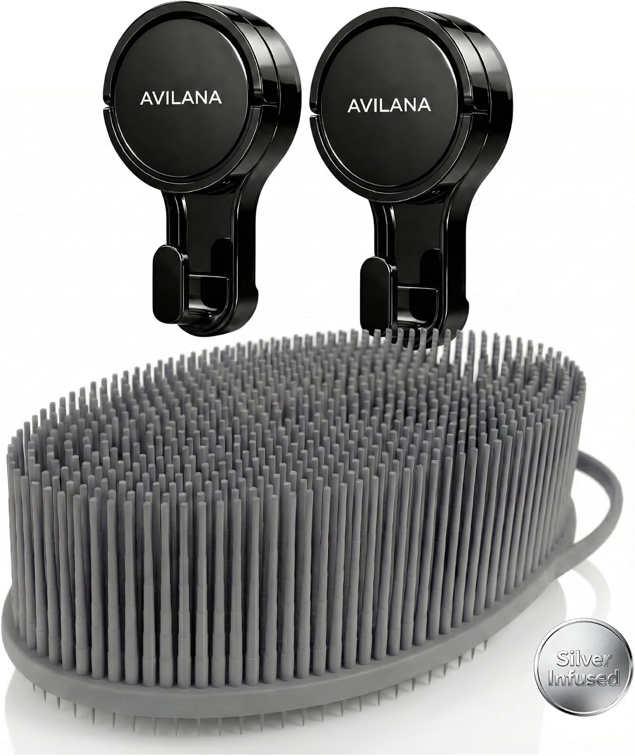 Avilana Silver-Infused Exfoliate Silicone Body Scrubber (Gray)+ Suction Hook (2-Pack) – Gentle Exfoliation, Quick-Drying, BPA-Free – No-Drill Storage Solution