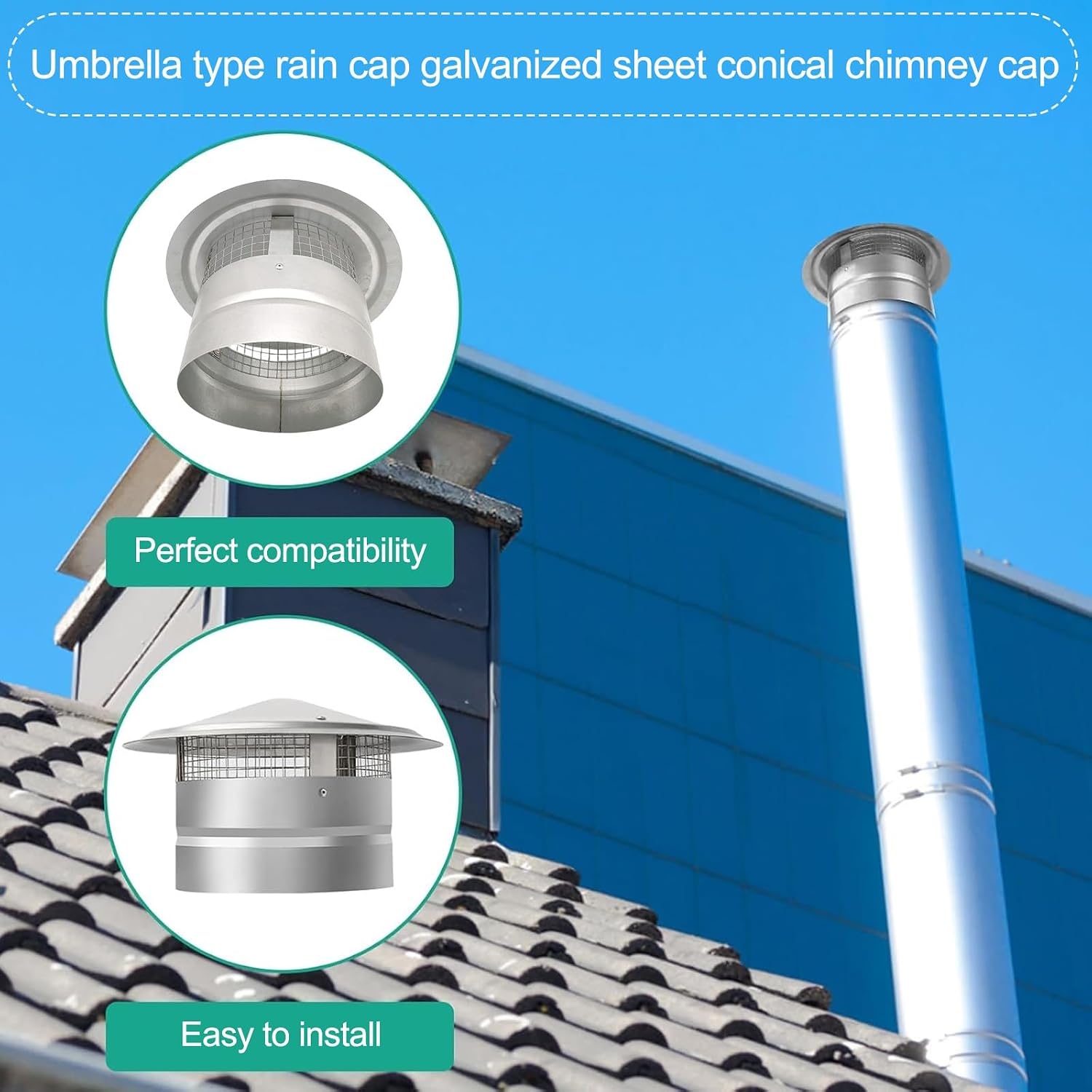 HARELA Fireplace Chimney Caps, Round Top Roof Chimney Cover Rain Cap, Outdoor Roof Stove Pipe Cover, Outdoor Ventilation Exhaust Vent Cap, Prevents Leaves and Rain Accumulation