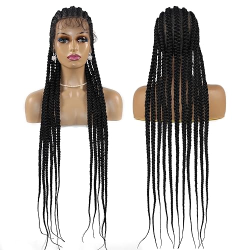 Miz Barn Pelucas trenzadas de encaje frontal completo de 36 pulgadas, sin nudos, 100% hechas a mano, sintéticas, ligeras, trenzadas, con abuelitos,