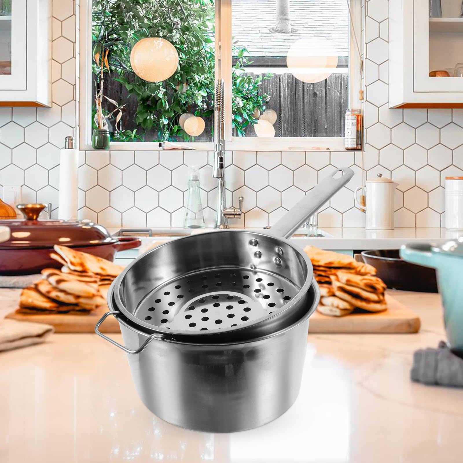 Passoire Inox Multi-fonction en Acier Inoxydable Grandes Perforations, Louche Passoire Bien Polie pour Nouilles et Barbecue, 1 Set Argenté