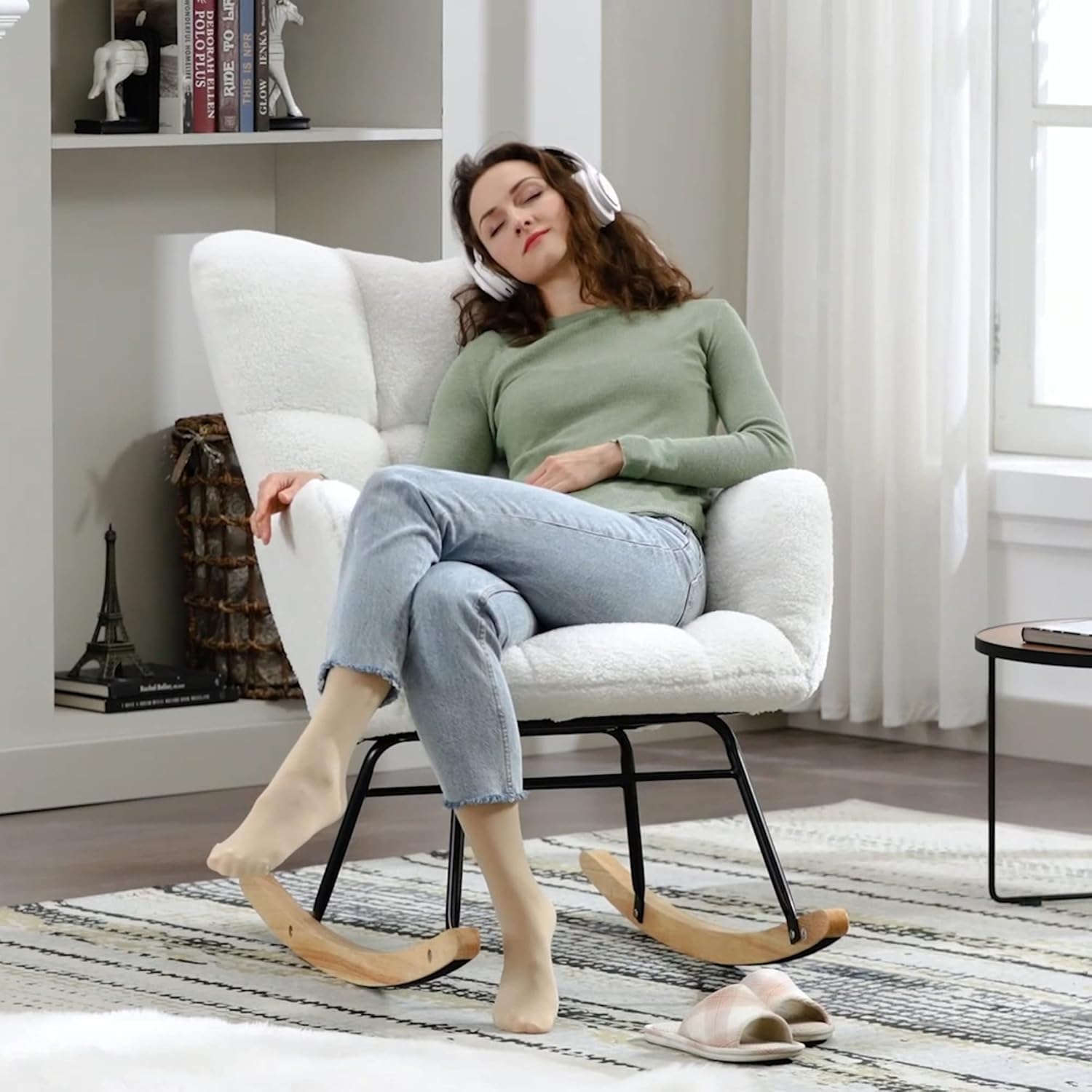 Krinana Teddy Fabric Nursery Rocking Chair, Rocker Armchair with Solid Wood Legs, Glider Chair Nursery with High Backrest for Living Room Apartment (Teddy Fabric, Ivory White) : Home & Kitchen
