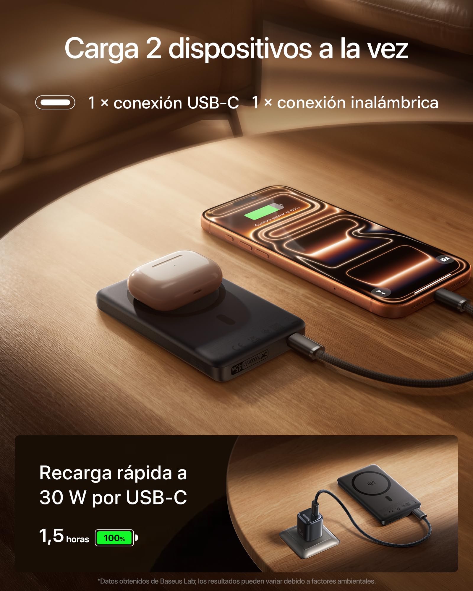 Baseus PicoGo AM52 MagSafe Powerbank, Qi2.2 Magsafe de 10 000 mAh, Carga Inalámbrica Ultrarrápida de 25 W, Carga Rápida PD de 45 W, Batería Externa Magnética Slim para iPhone 17/16 Pro MAX, Negra