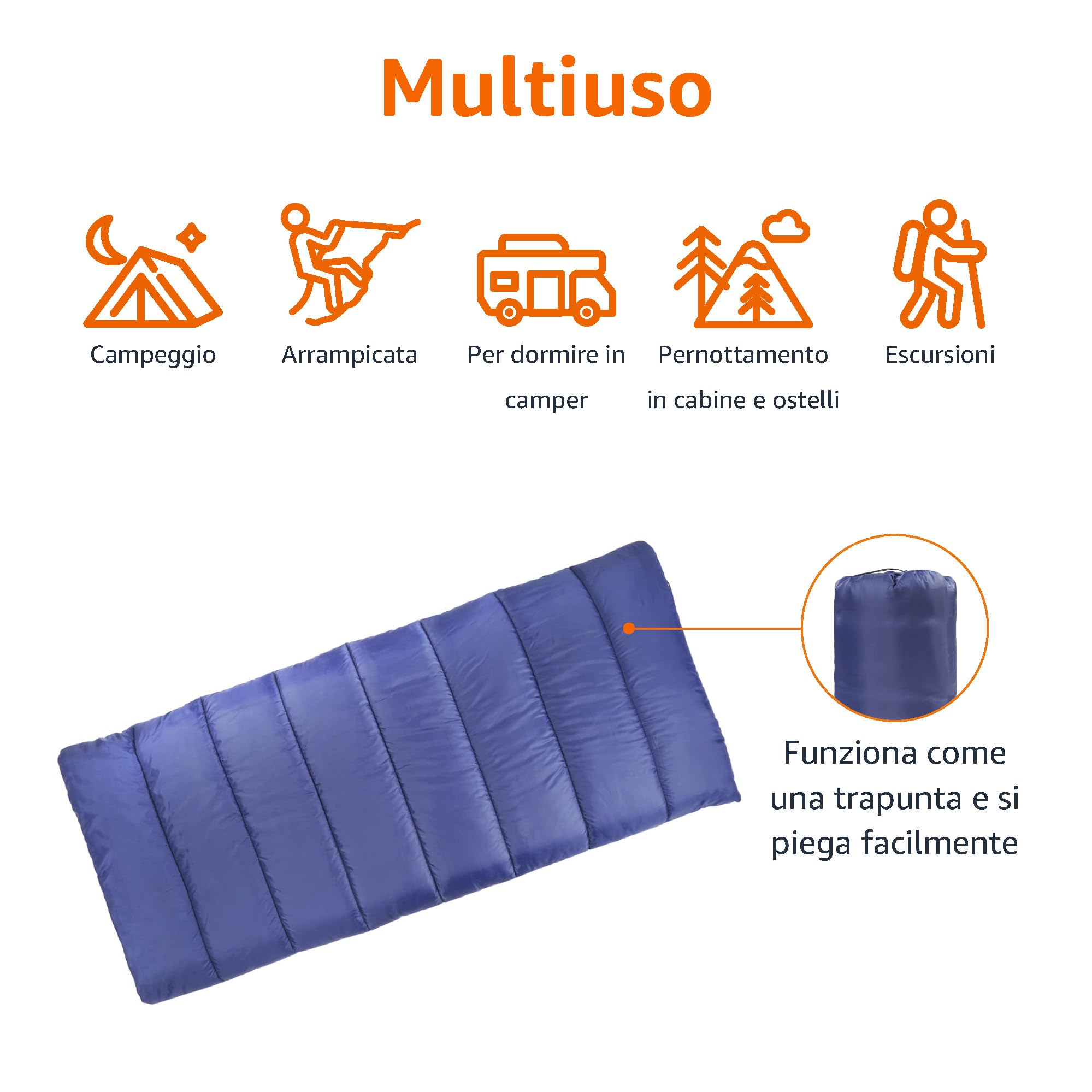 Amazon Basics Sacco a Pelo Leggero, 4 Stagioni, per Clima Freddo e Caldo, Campeggio ed Escursionismo, 190 x 83 cm, Blu