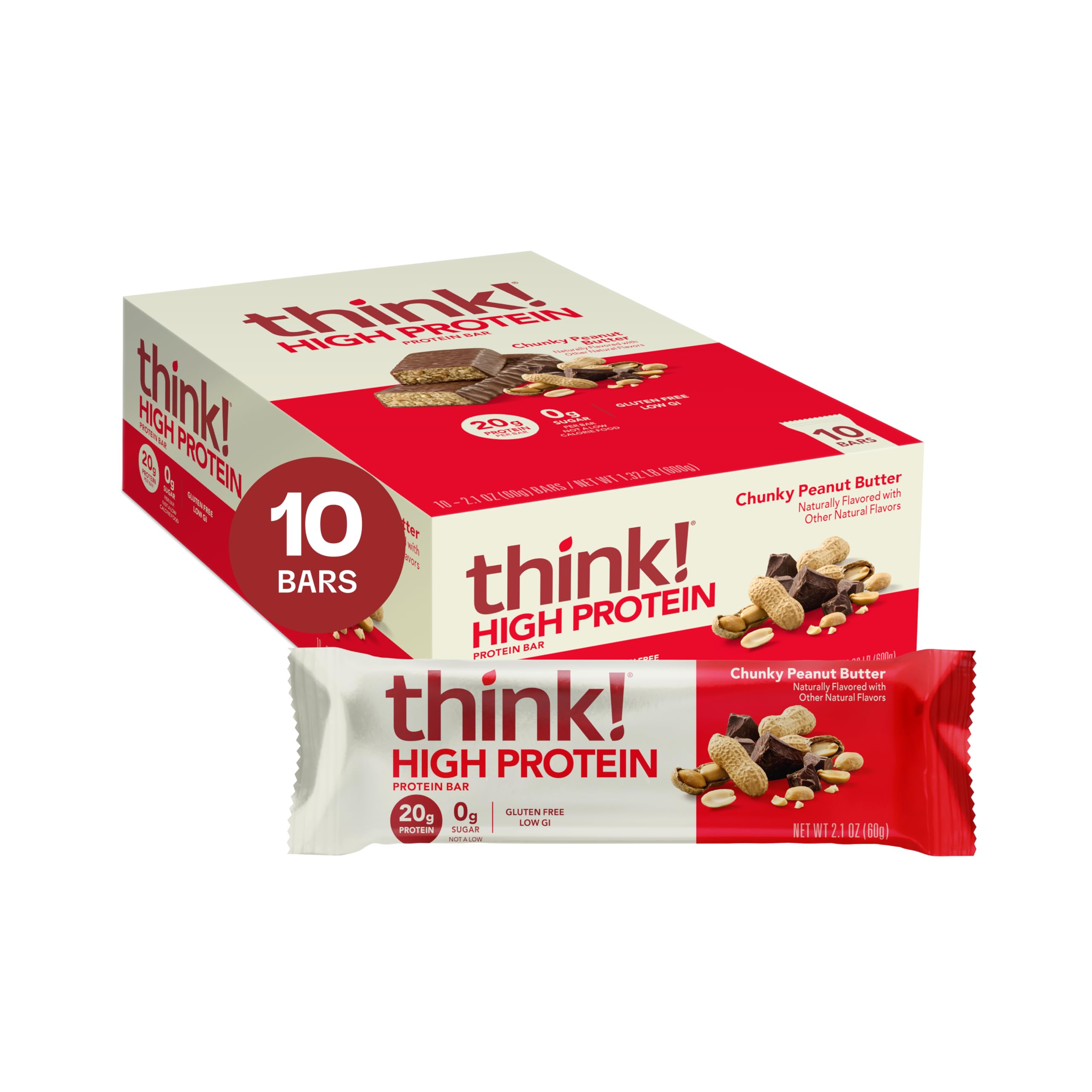think! Protein Bars, High Protein Snacks, Gluten Free, Kosher Friendly, Chunky Peanut Butter, Nutrition Bars, 2.1 Oz per Bar, 10 Count (Packaging May Vary)