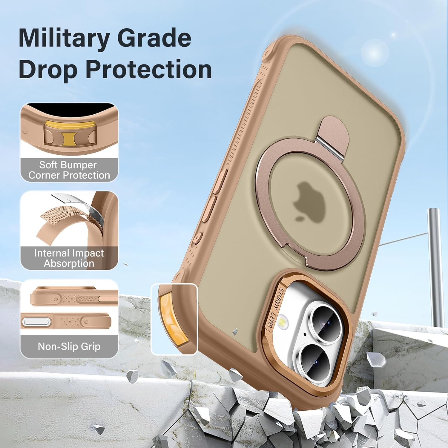 Designed for iPhone 16 Case with Magnetic Stand, [Military Drop Protection][Great Grip Feeling] Matte Translucent Back Slim Shockproof Phone Cover for iPhone 16 6.1", Bronze