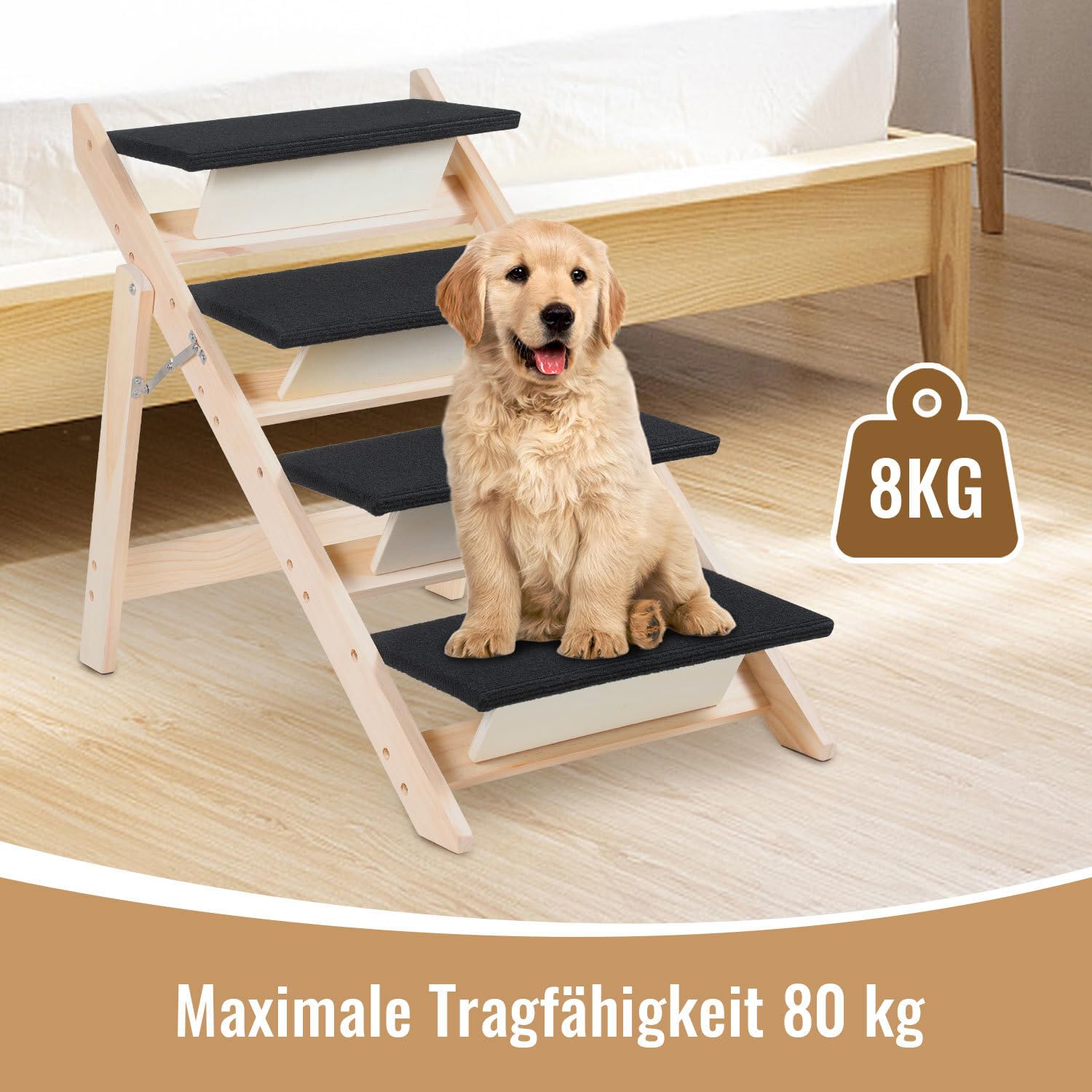 Escalera y Rampa para Perros 2 en 1,4 Peldaños de Madera de Pino,Plegable con Alfombra Antideslizante,Soporta hasta 80 kg,para Perros Pequeños,Medianos,Grandes y Mayores,Cama y Sofá,Interior | Cama para perros, altura ajustable y antideslizante, para perr
