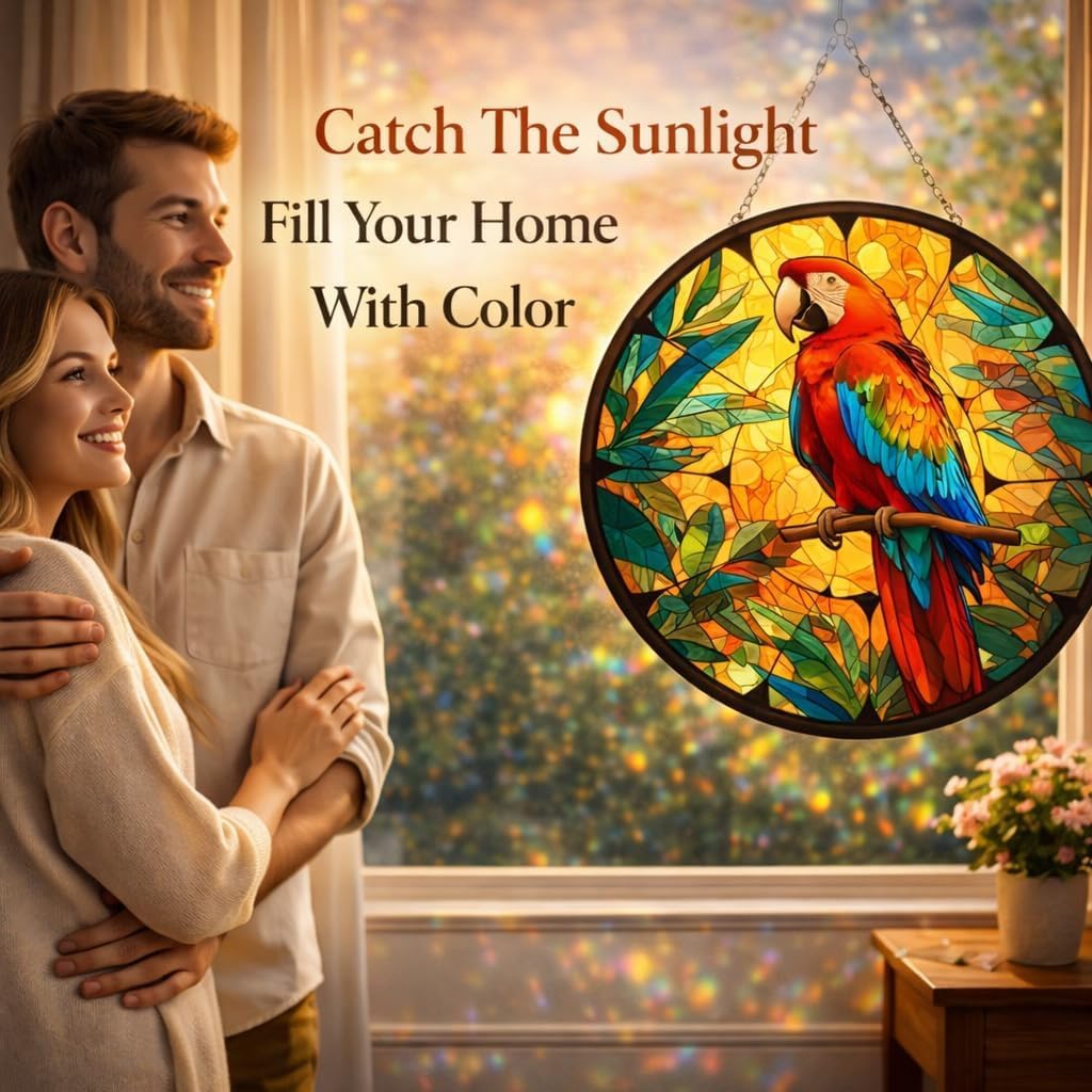 Parrot Stained Glass Suncatcher Window Hanging – Colorful Macaw Bird Stained Glass Sun Catcher with Chain, Rainbow Light Reflection Window Decor for Living Room Bedroom Garden Home (11.8x11.8 inch)