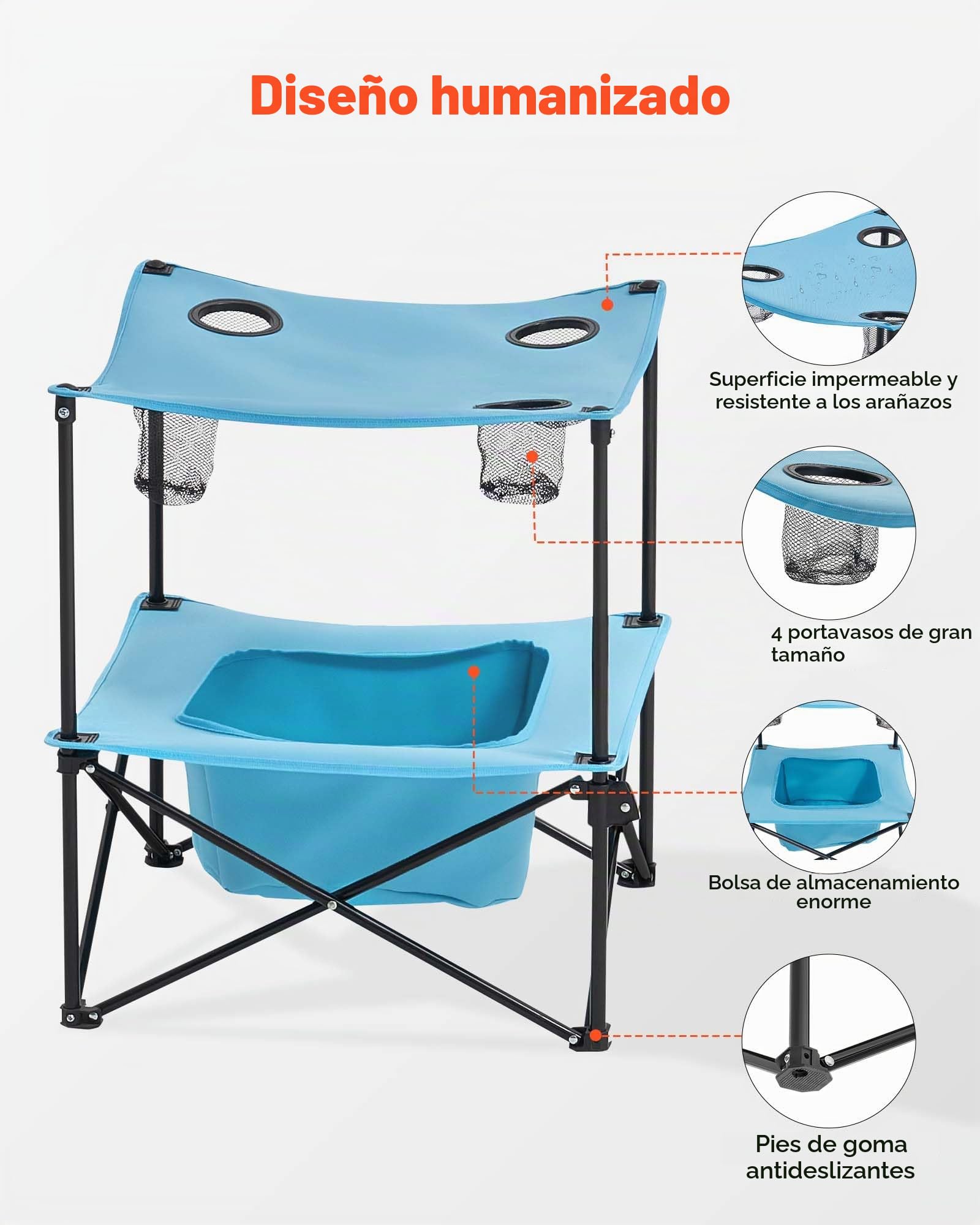 VEVOR Mesa de Camping Plegable Portátil y Ligera, para Exteriores, de Lona Oxford 600D, Impermeable, para Playa, con 4 Portavasos y Bolsa de Transporte, para Picnics, 560 x 560 x 640 mm, Azul