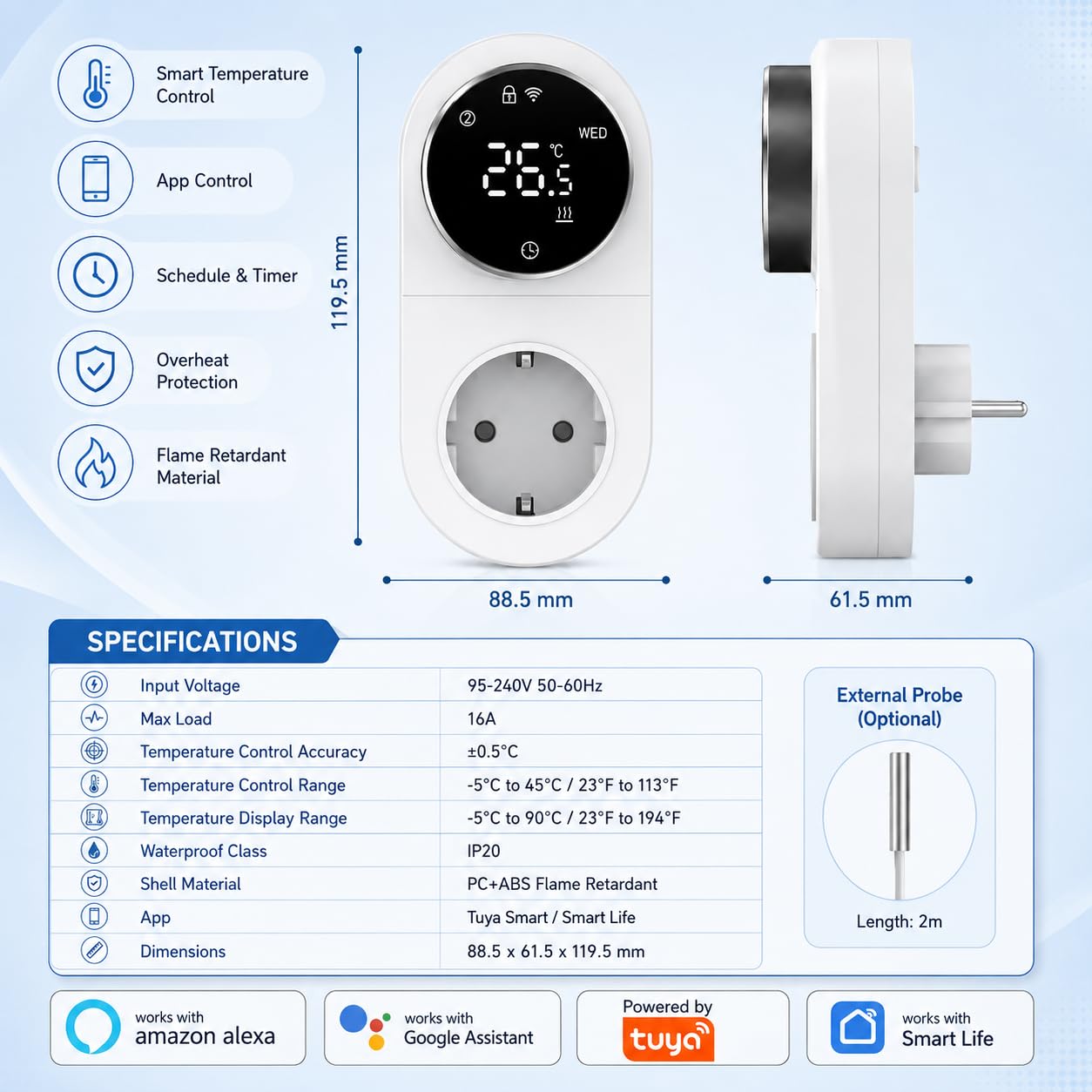 Yasorn Termostato WiFi da Presa 16A, Display LED, Manopola e Sonda Esterna | Precisione ±0,5 °C; Tuya/Smart Life; Alexa e Google; 6 modalità; programmazione settimanale; antigelo; max 16 A/3680 W