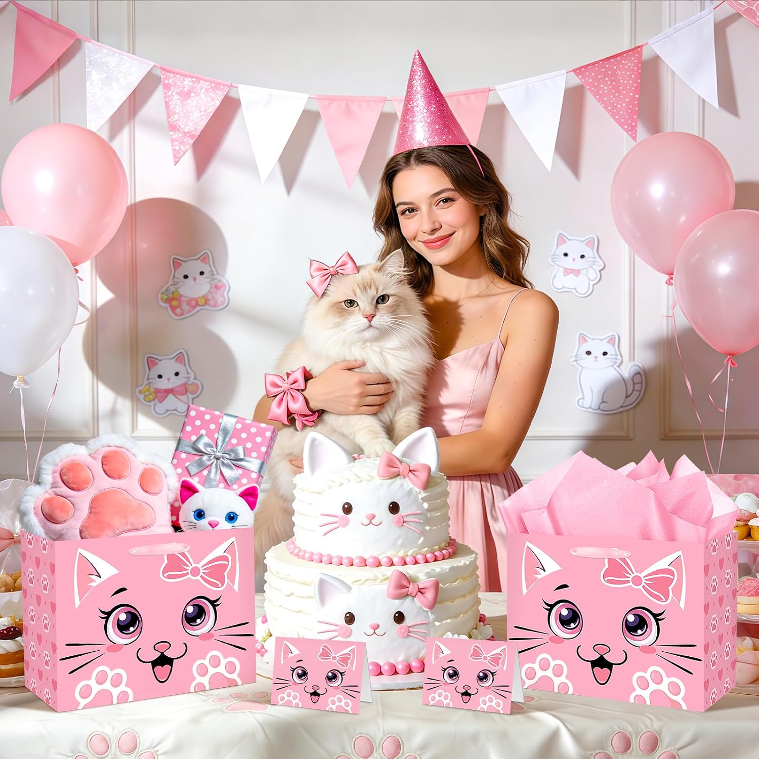Pink Cat Gift Bag Cute Cat Birthday Gift Bag with Tissue Paper and Card Funny Meow Kitty Wrapping Paper Kawaii Heart Paw Print Gift Bags for Girls Kids Pets Cats Birthday Baby Shower Party Decor image 5