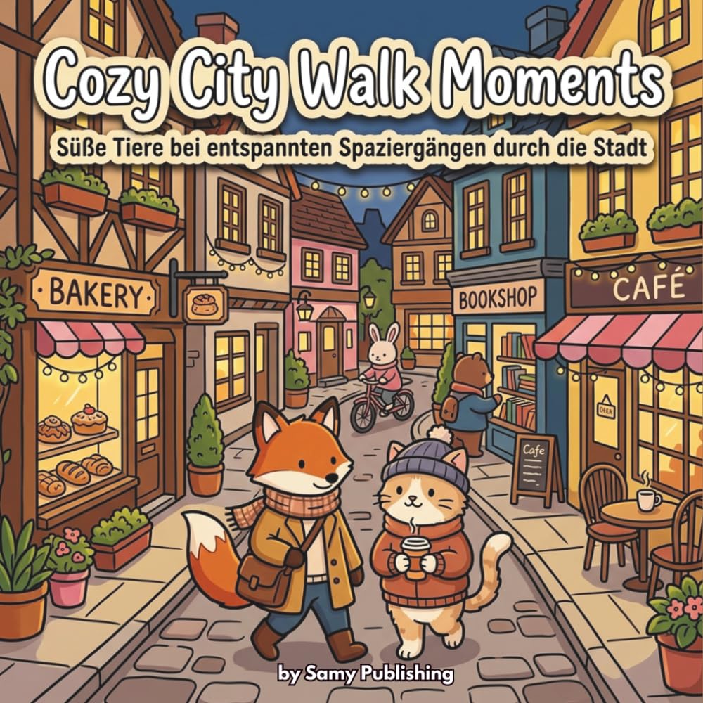 Cozy City Walk Moments – Süße Tiere bei entspannten Spaziergängen durch die Stadt: 40 detailreiche Ausmalbilder mit niedlichen Tieren, kleinen Läden und gemütlichen Stadtmomenten