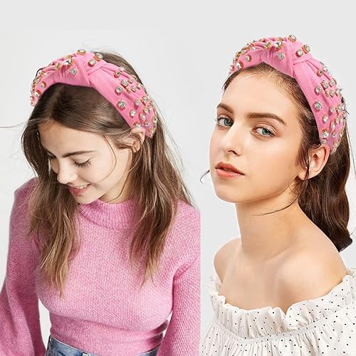 Miniatura 4 de Diadema anudada de cristal para mujer, diadema con nudo superior ancha, diadema de moda para mujer, accesorios para el cabello (rosa)