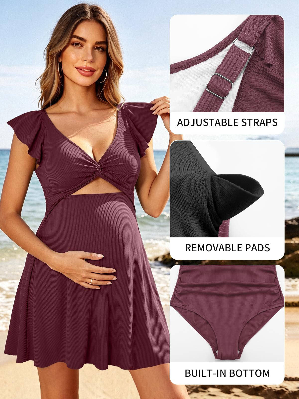 SHEKINI Costume da bagno premaman da donna, costume da bagno intero per gravidanza, scollo a V, maniche con volant