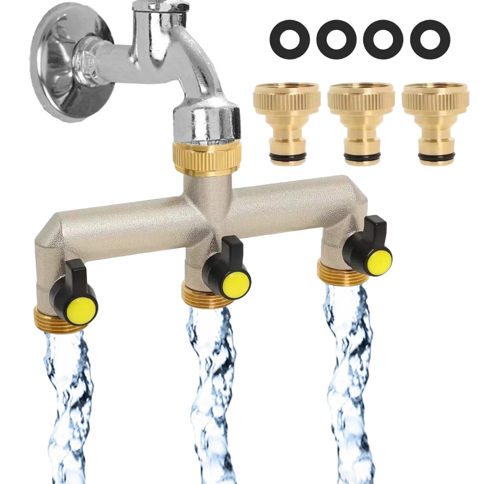 Sdoppiatore Rubinetto Giardino 3 Vie in Ottone, 3/4" Connettore per Tubo Irrigazione da Esterno con Valvole di Apertura/Chiusura Indipendenti, Raccordi Adattatori per Rubinetto Lavatrice