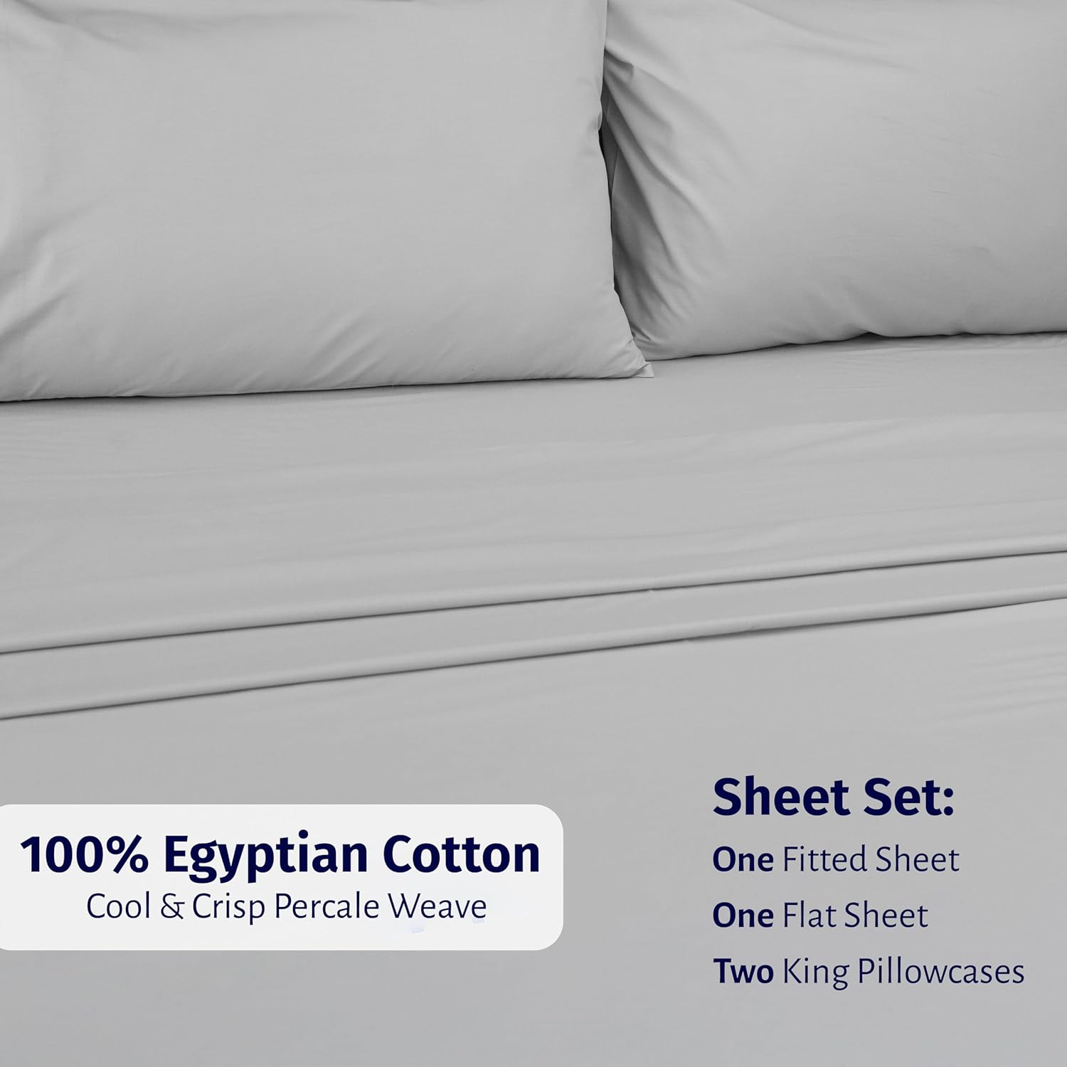 California Design Den Certified 100% Egyptian Cotton Sheets Cal King Size Set - Percale Sheet Set with Deep Pockets, Lightweight, Crisp, Durable Luxury Bedding - Light Grey - Image 3
