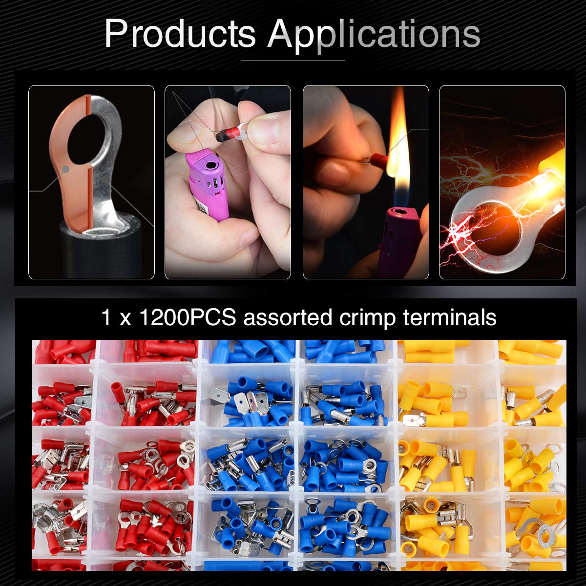 KATUR Lot de 1200 connecteurs à sertir pour bornes de fil, assortiment de cosses assorties, connecteurs électriques à sertir dans un étui en plastique (rouge/bleu/jaune)