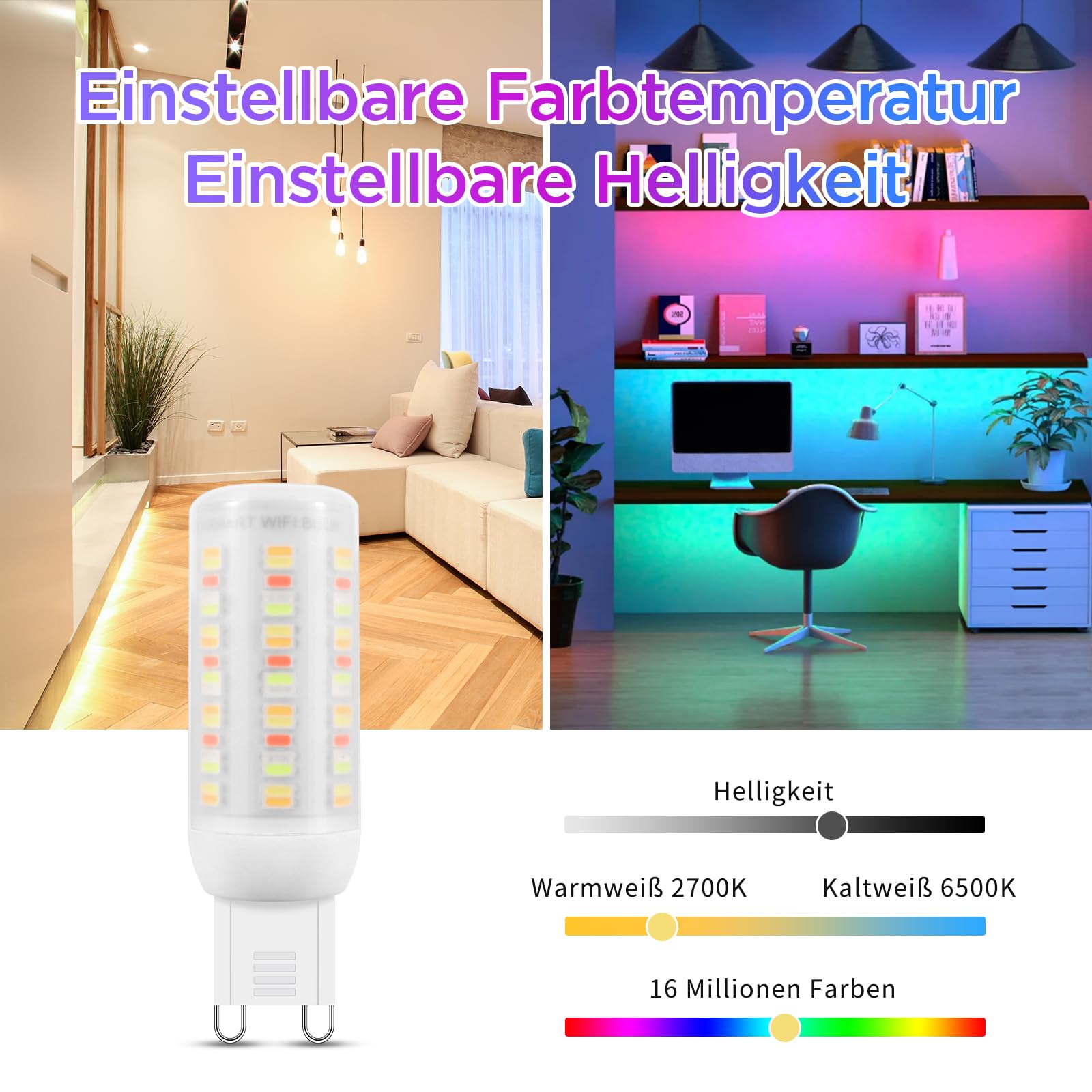 Bombillas LED Wi-Fi RGBWW Smart G9, Compatible Con Alexa /Google Home,AC 230V Multicolor Regulable,2700K-6500K,Brillo ajustable 1%-100%, 4W, 400LM, Con Sincronización de Música Bombilla LED, Pack de 3