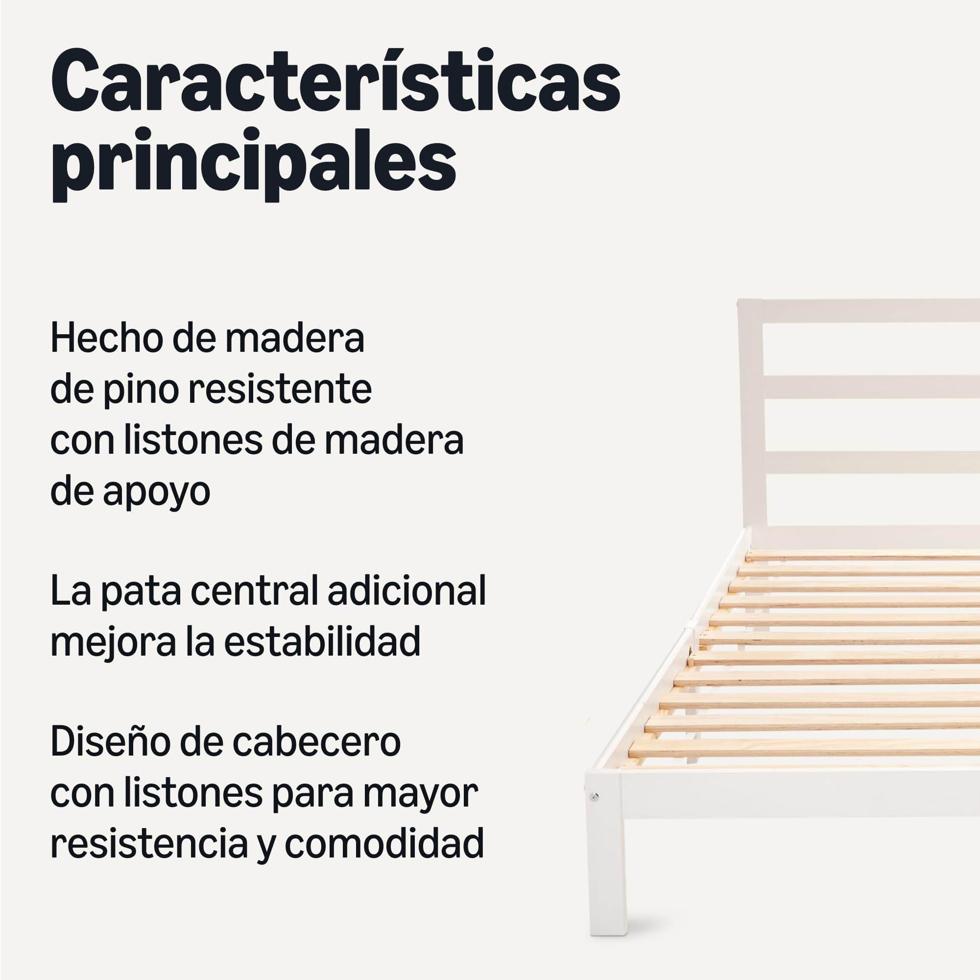 Amazon Basics Cama de Madera con Cabecero, Madera Maciza de Pino, Incluye Somier, 160 x 200 cm, Blanco
