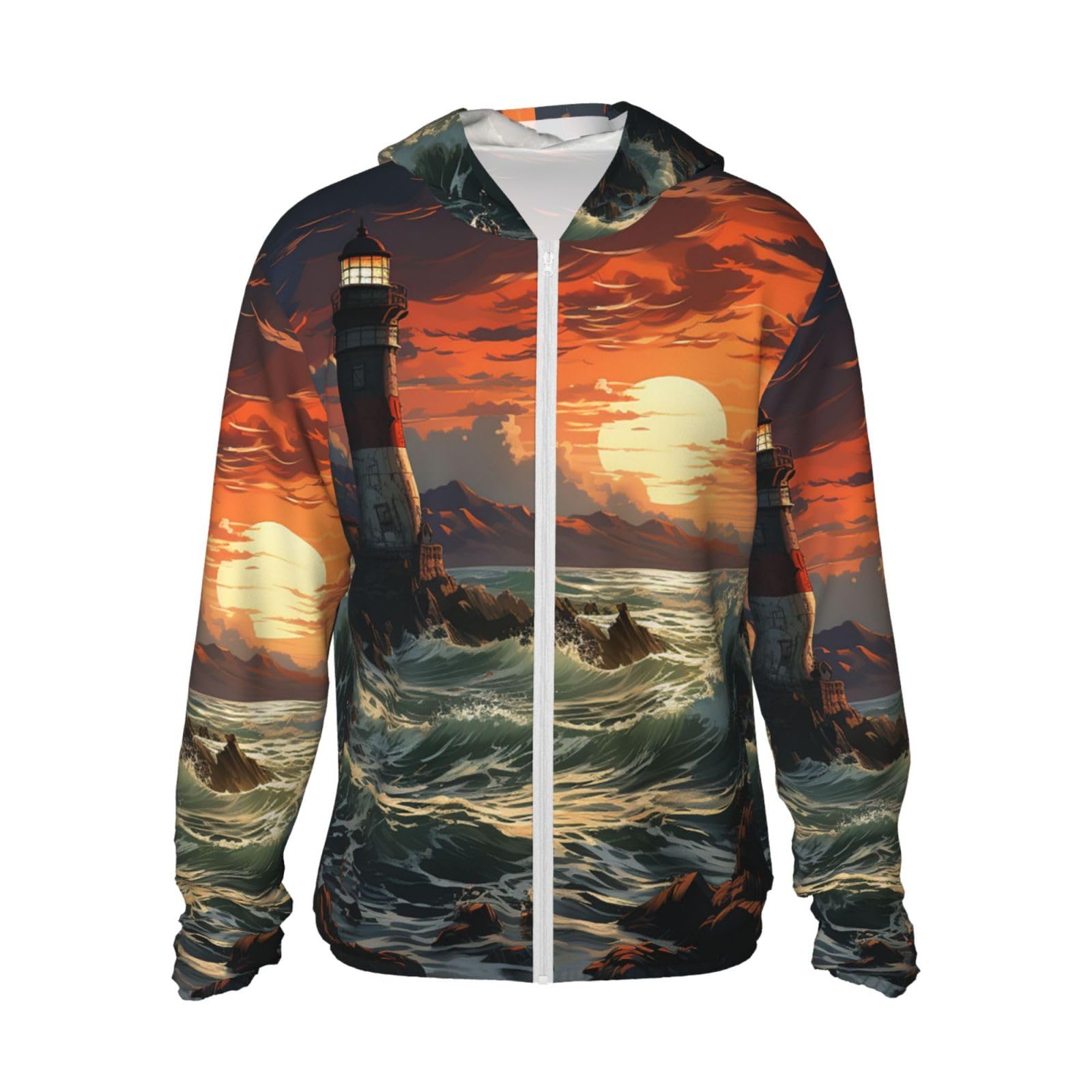 Men's Sun Protection Hoodie UPF 50+ Light Jacket Long Sleeve Sun Shirts Lighthouse Rash Guard XX-Large Black