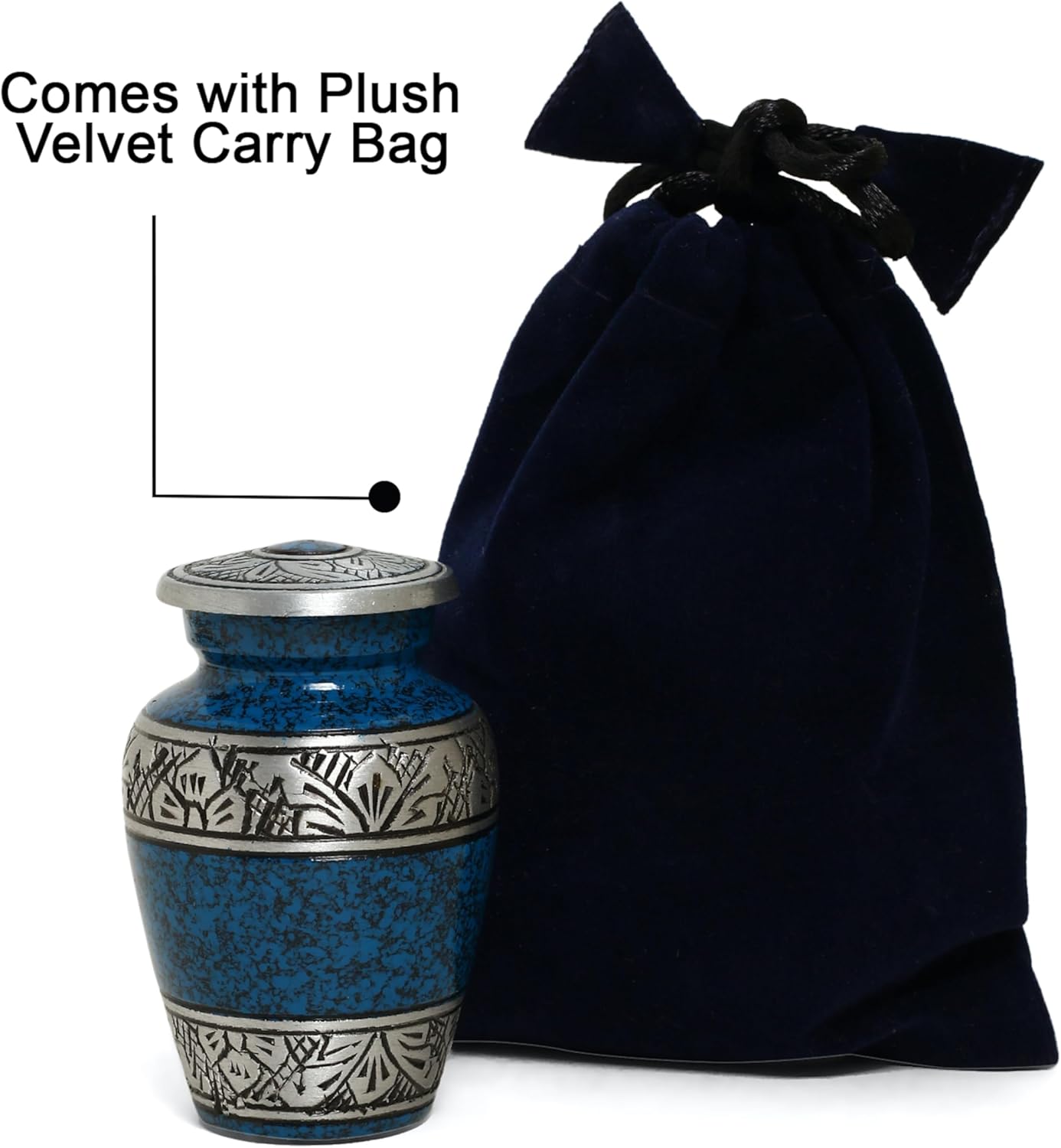 Blue Mini Keepsake Urns for Funeral Ashes Men Women - Beautifully Detailed Engraved Small Cremation Urns for Human Remains - Velvet Carry Bag - Paper Funnel - Gift Box - Image 5
