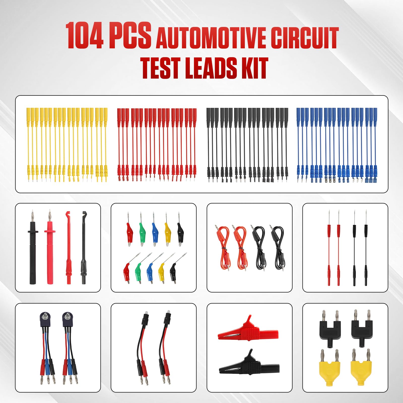 104-Piezas Cables Eléctricos Circuito Automóvil - MOTOCOCHE Kit Prueba Plomo Automoción: Sonda Eléctrica Multifunción con Conectores y Adaptadores para Multímetro