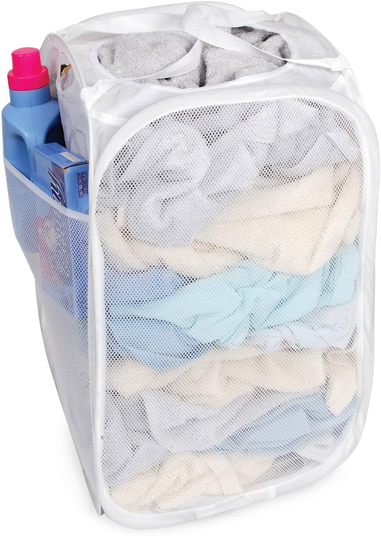 Deluxe Mesh Pop Up Square Laundry Hamper w/ Side Pocket & Handles - VentilAir Fabric Collapsible Design - for Clothes & Laundry - Home - (Holds 2 Loads) (14 x 23 Inch) [White]