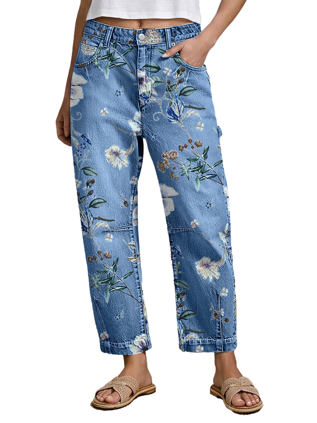 Flamingals Mid Rise Barrel Leg Jeans for Women Wash Floral Print Flap Casual Denim Jeans with Pockets