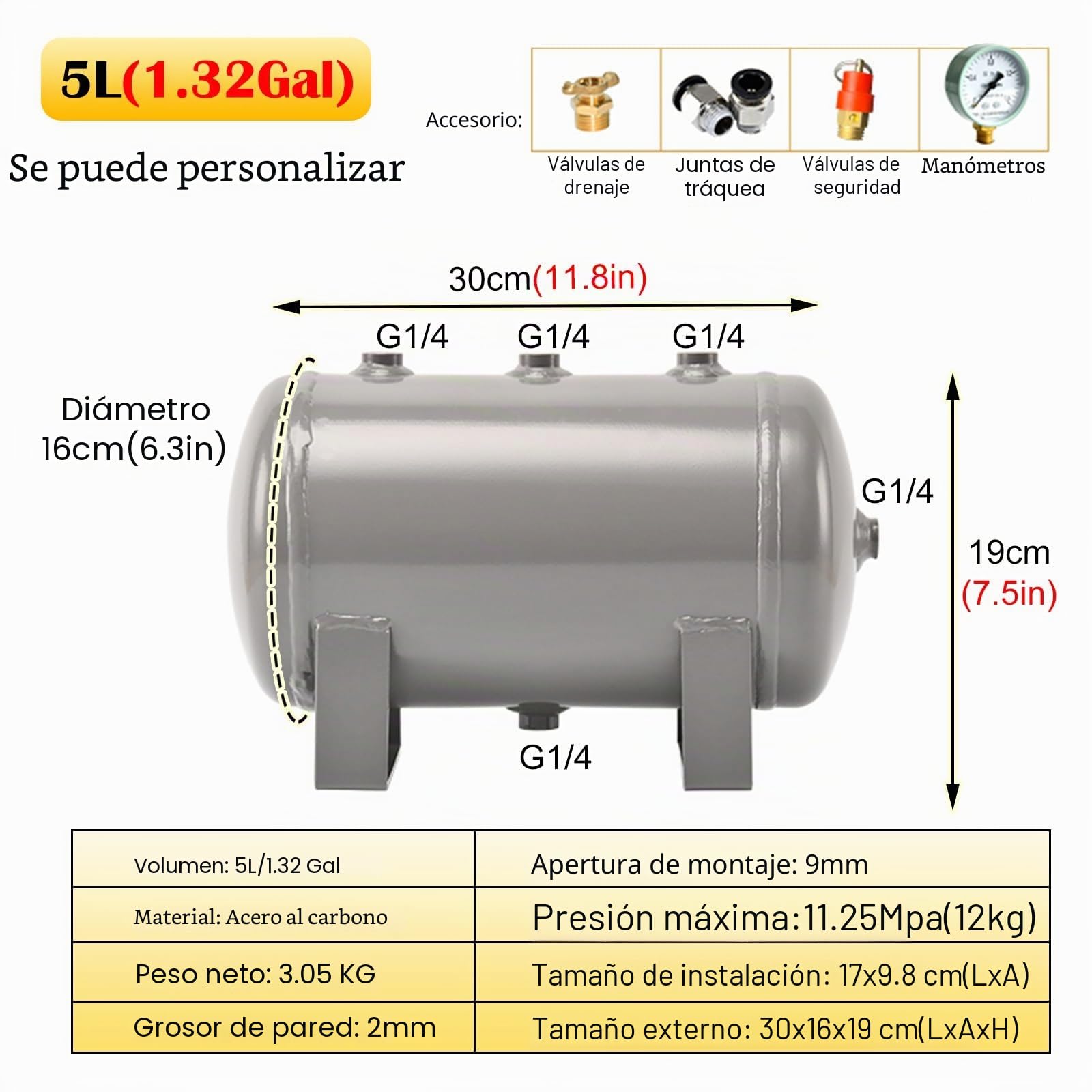 Air Tank Tanque De Aire Portátil De Alta Presión, Kit De Tanques De Compresor De Aire De Repuesto De 100, 80, 50, 30, 20, 10, 5, 4, 3, 2 Y 1 L Para Almacenar Gas, Portador De Tanque(5L(1.32Gal) - C)