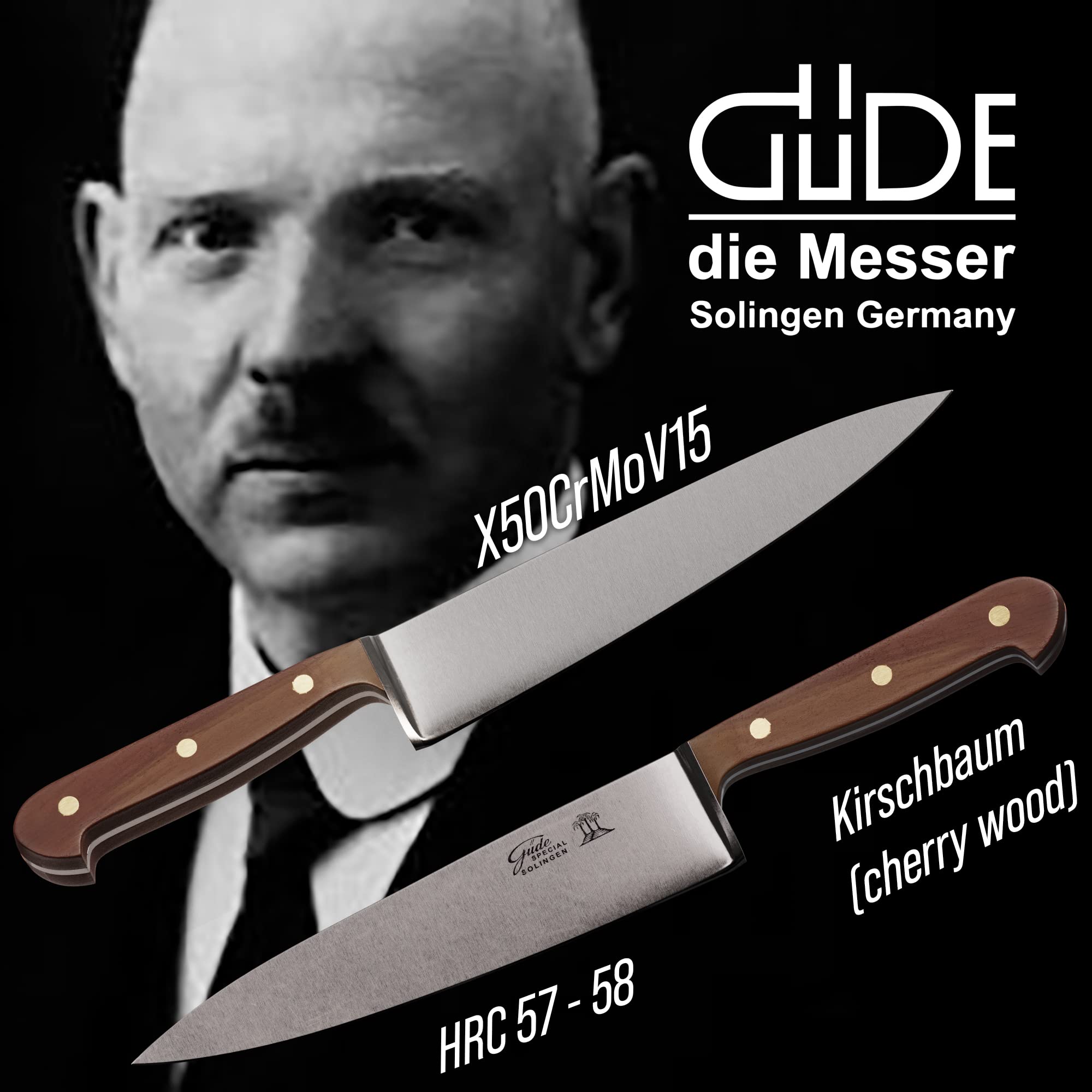GÜDE Solingen Tradition - Nóż szefa kuchni, kuty, 21 cm, drewno śliwkowe, K.GÜDE, Ręcznie robiony w Niemczech