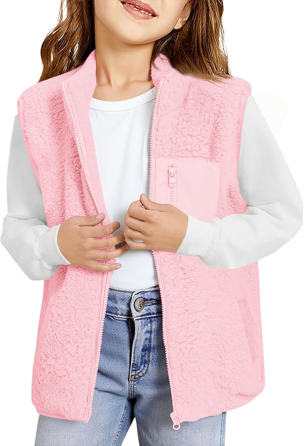 Haloumoning Girls Sherpa Fleece Vest Kids Fall Winter Full Zip Fuzzy Outerwear Jacket with Pockets 5-14Y