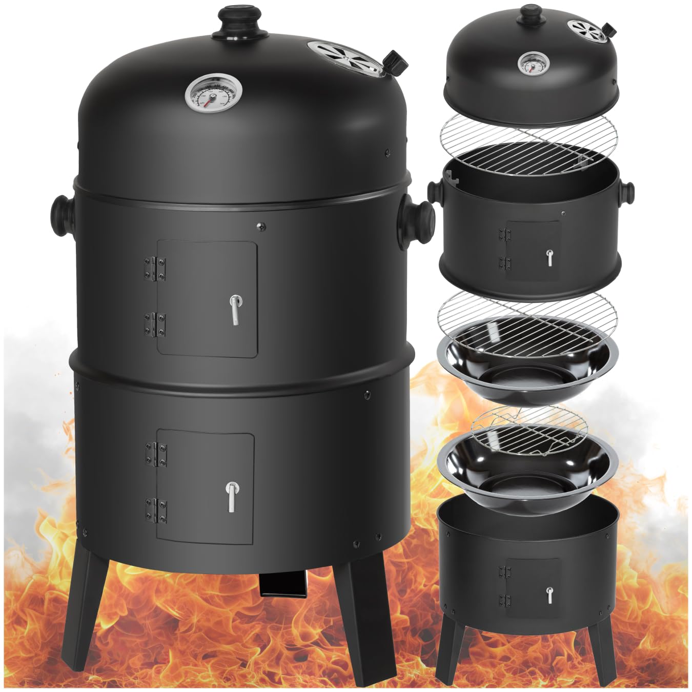 tectake® Barbecue Grill XL BBQ à Charbon Smoker Fumoir Viande et Poisson 3 en 1, 3 étages avec Roues et Thermomètre intégré pour Cuisine à la vapeur Cuisine extérieure