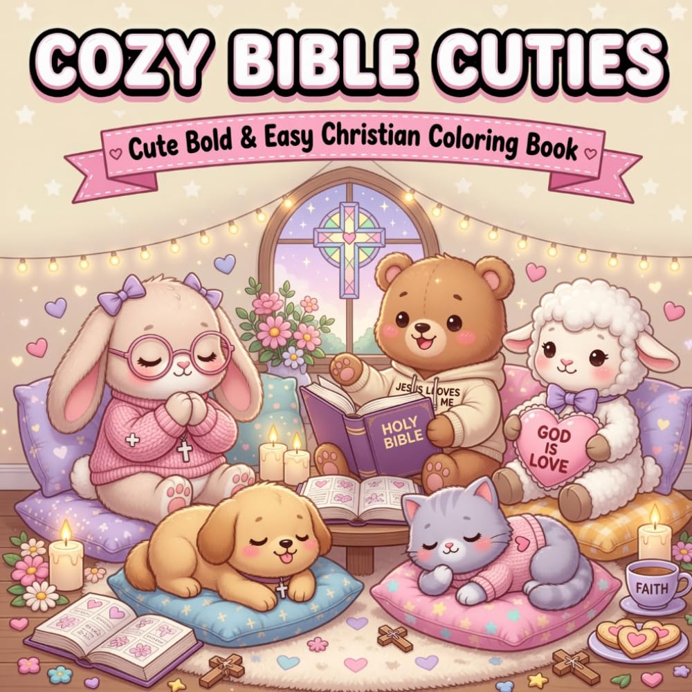 Cozy Bible Cuties: Cute Bold And Easy Christian Coloring Book: Kawaii Style Adorable Pages with Bible Verses for Kids and Adults
