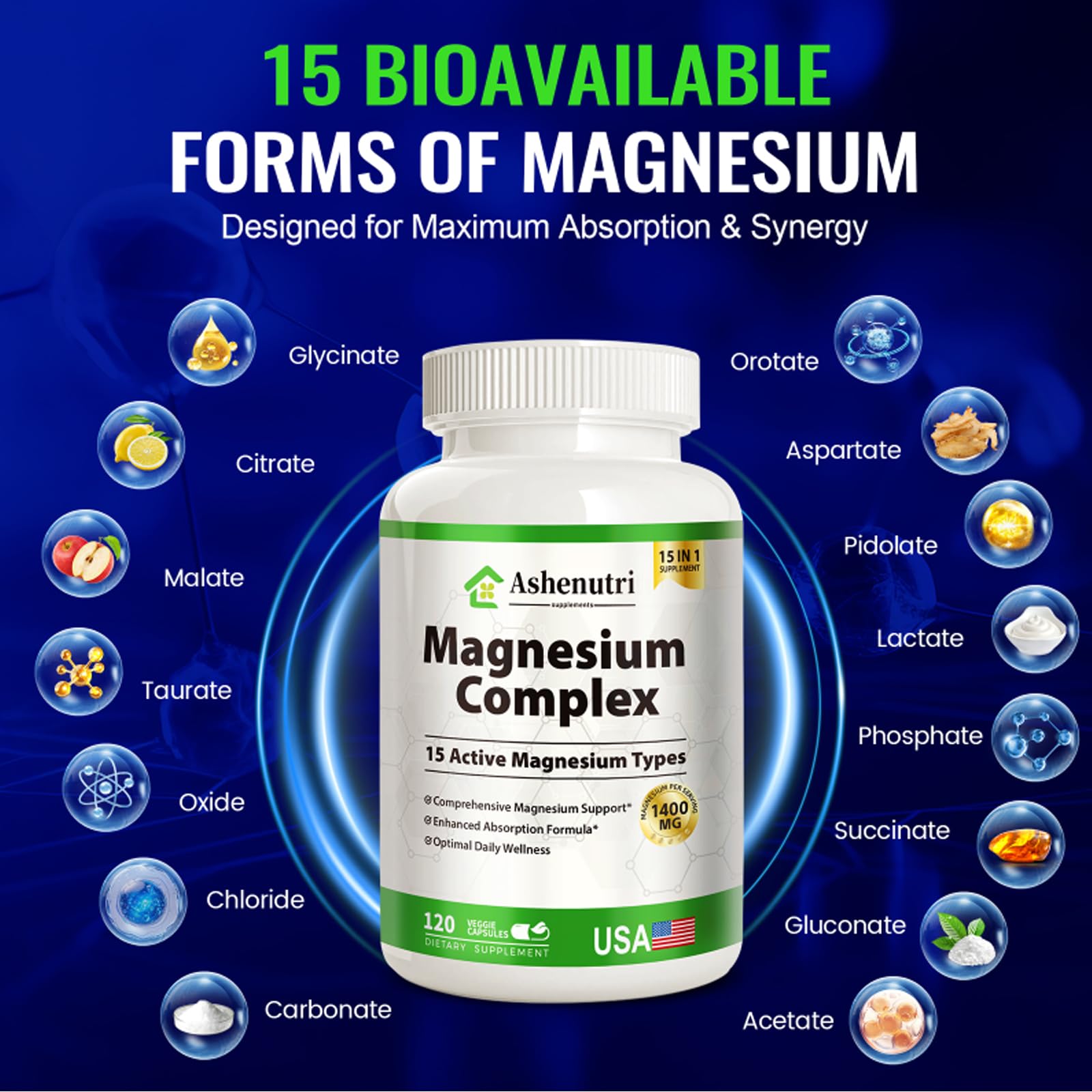 Magnesium Complex for Women Men 1400mg Magnesium Glycinate 15-in-1- Glycinate, Malate, Citrate, Taurate - Supports Stress, Muscle & Sleep - Non-GMO - 120 Capsules — Amazon image 3
