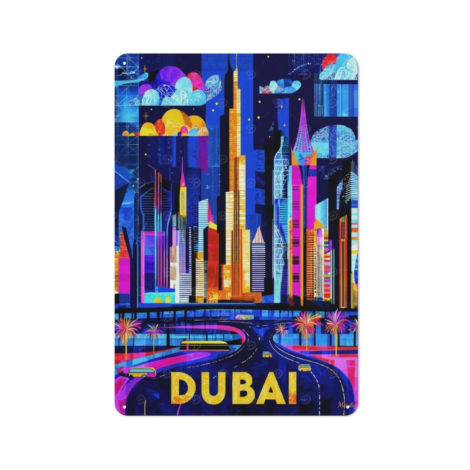 Junmoney Dubai Vibrant Skyline - Geometric Cityscape A Metal Plaque 30X20cm With Rt For Garage Wall, Retro Decor, Housewarming Present For People Styling Garage