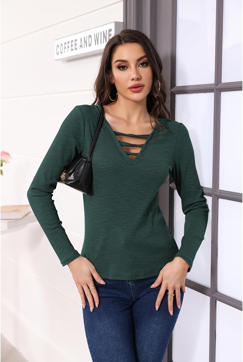 Poetsky Women's Blouse Long Sleeve V Neck Tunic Tops Ribbed Criss Cross Knit Tee Slim Fitted Shirts Dark Green M - Image 3