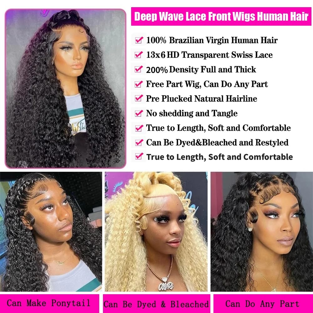 JTMMP Deep Wave 13x6 Human Hair Lace Front Wig, Black