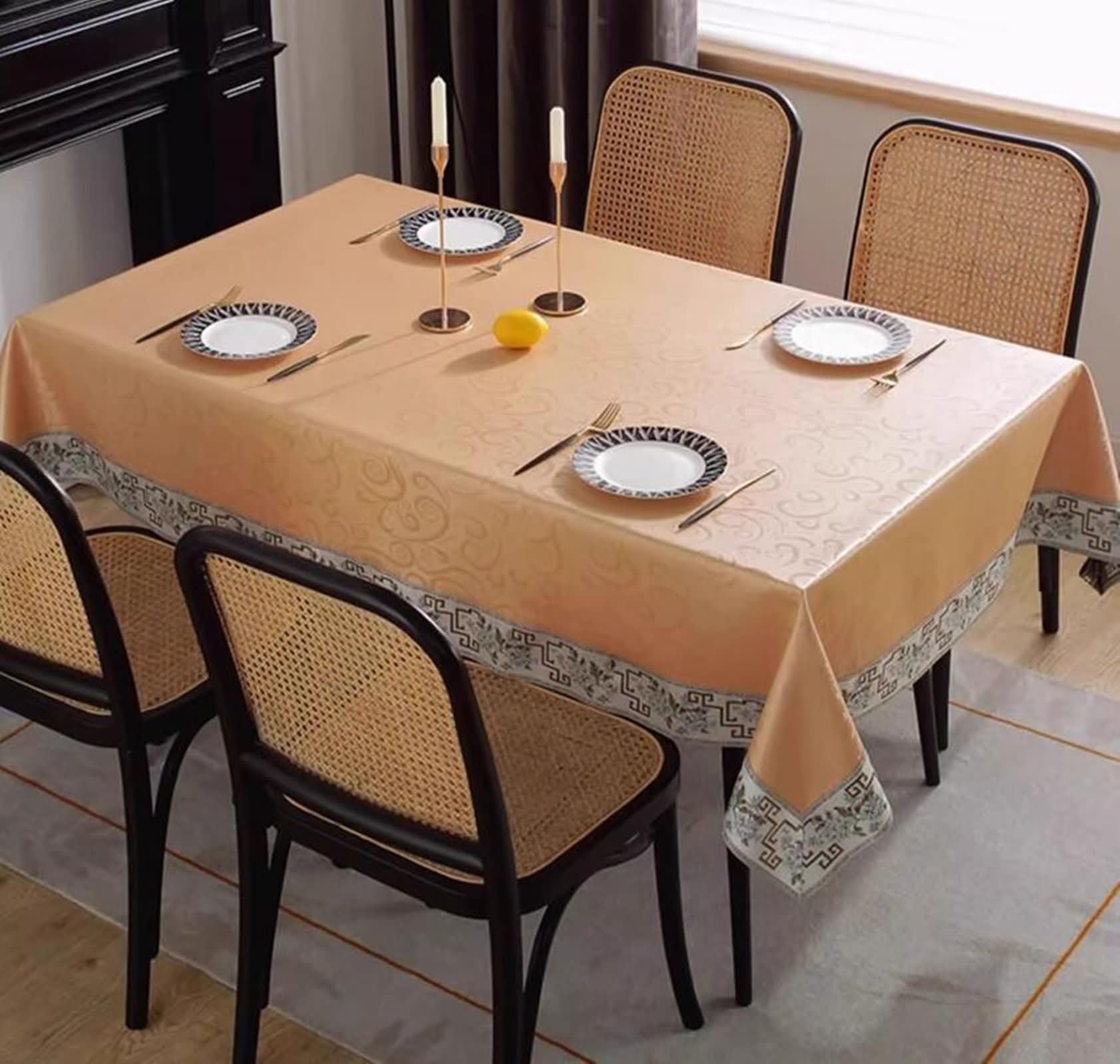 Tovaglia Rettangolare Grande Motivi Foglie e Ricami Tovaglie Antimacchia 140 W x 220 L CM,Tovaglia in PU Antimacchia Champagne