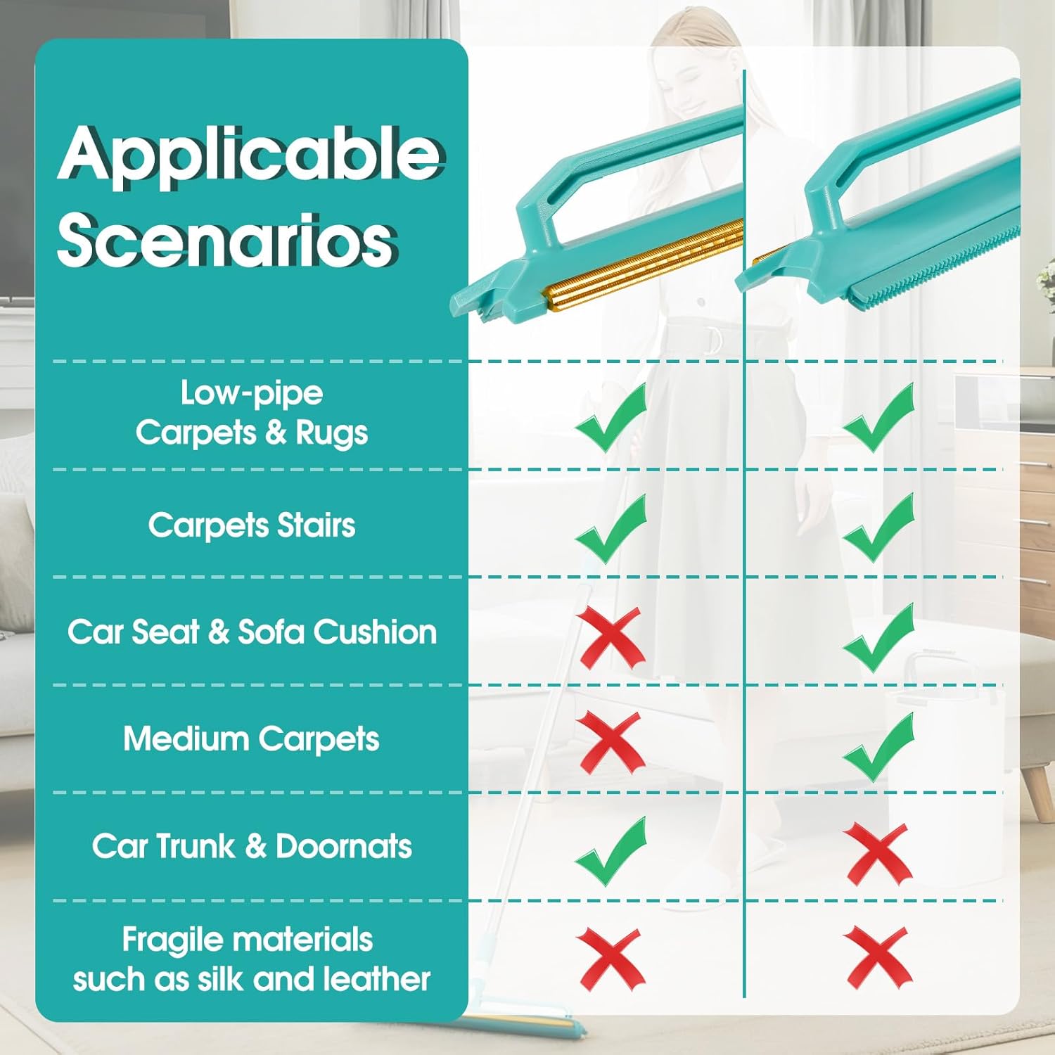 Carpet Rake for Pet Hair Removal, 2 in 1 Silicone and Copper Rake Teeth Carpet Rake with 59” Adjustable Long Handle, Reusable Pet Hair Remover Tool Kit with Carpet Scraper and Glove