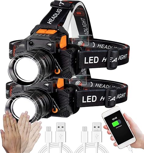 Lámpara LED recargable con sensor de movimiento, linterna frontal súper brillante de alto lúmenes, faros delanteros de larga duración con salida USB