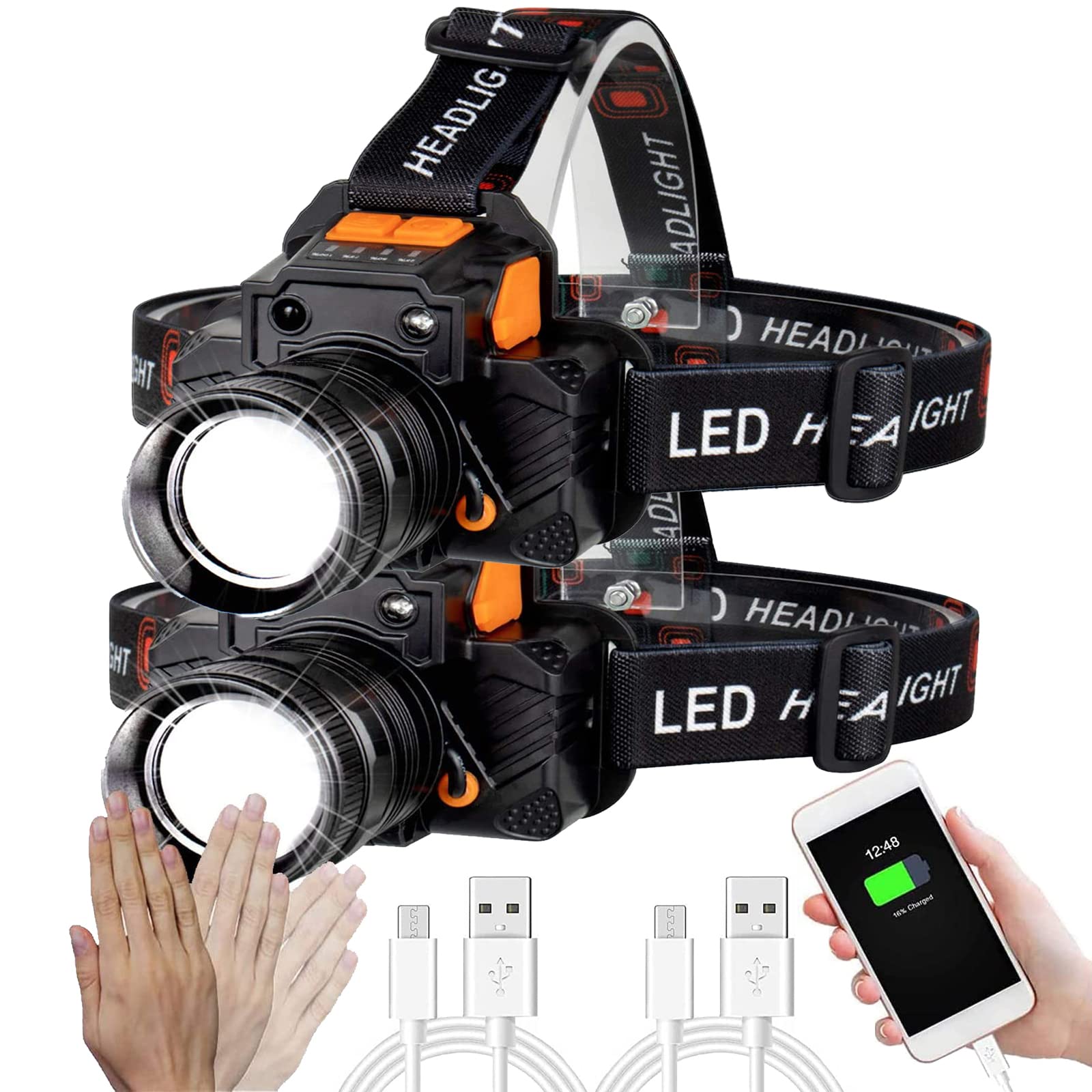 Swanlake LED Rechargeable Head Lamp Motion Sensor Headlamp Super Bright High Lumen, Long Lasting Headlamps with USB Output Zoomable Waterproof