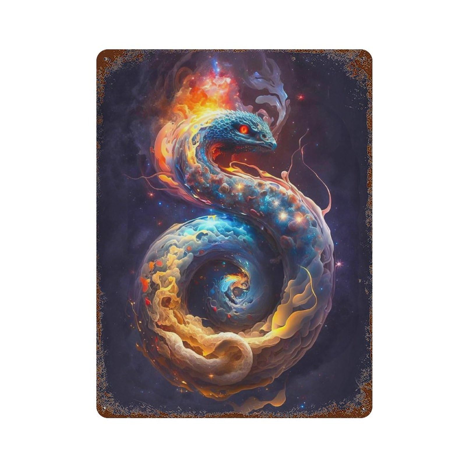Rusty Metal Tin Sign with Galactic Serpent Artwork Design 15.7"x11.8", for Farmhouse, Kitchen And Entryway Decor, Classic Wall Plaque