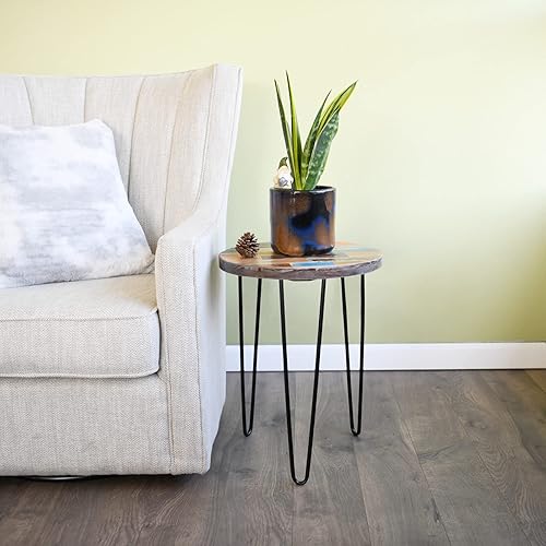 Miniatura 8 de WELLAND Mesa auxiliar de madera recuperada, mesa auxiliar redonda con patas de horquilla, 16 pulgadas de largo x 16 pulgadas de ancho x 20.5