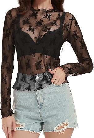 Womens Mesh Sheer Tops Long Sleeve Layering Top Mock Neck Blouse See Through Floral Lace Tops