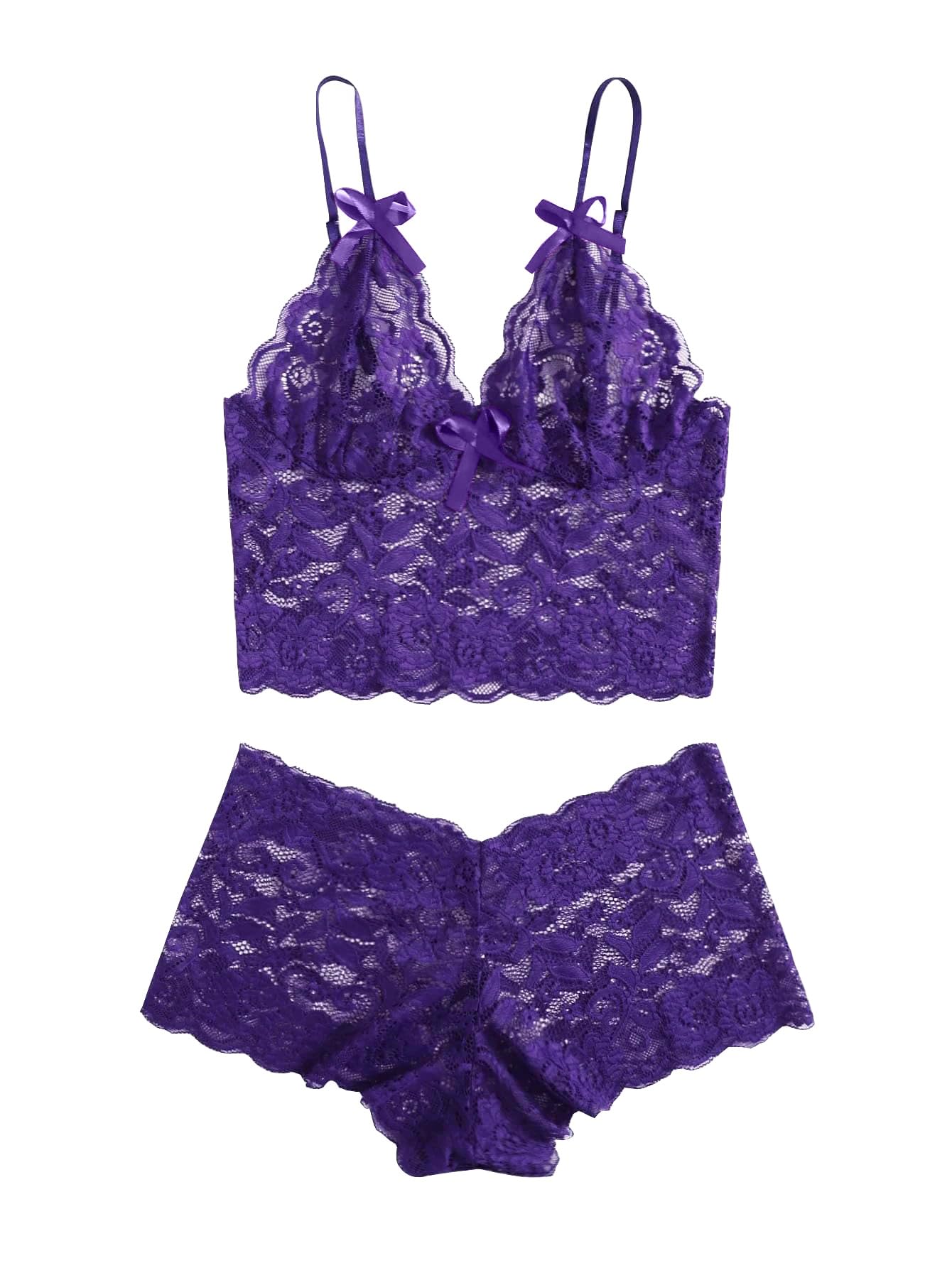 Lilosy Sexy Sheer Floral Lace Pajamas Lingerie Set High Waist Sleepwear Bra and Panty 2 Piece Nightwear: Small Bow Ties Purple