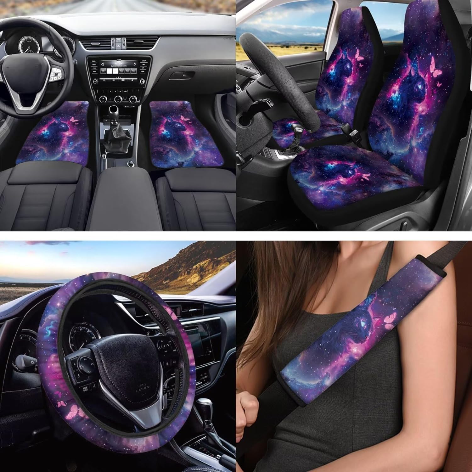 Black Cat Butterfly Car Seat Cover Full Set with Steering Wheel Cover Floor Mats Armrest Pad Seat Belt Pads Roof Handle Wraps Cup Coaster Keychain Auto Accessories Set of 18