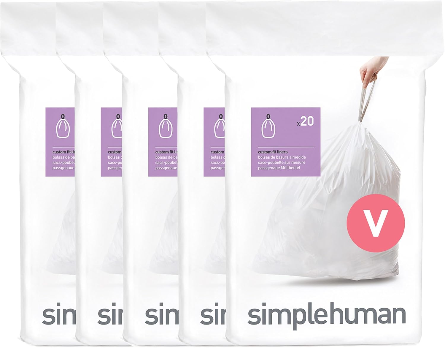 simplehuman Code V 200 Count, Dispenser Pack Custom Fit Liners, Drawstring Trash Bags, 16-18 Liter / 4.2-4.8 Gallon, White