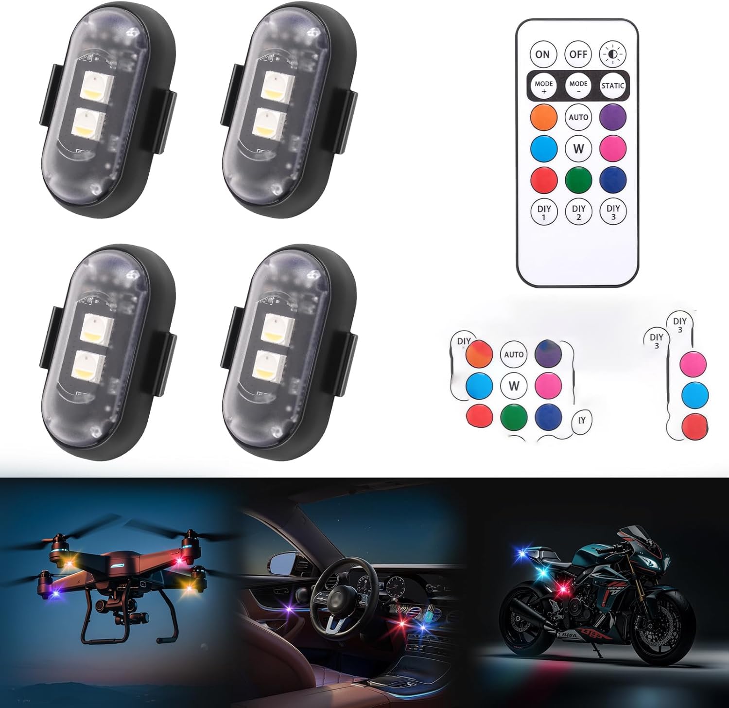 HYRAINBOWWireless LED Lights for Car 4PCS with Remote Control, Wireless LED Strobe Lights 8 Colors USB Charge IP65 Waterproof Anti-Collision for Car Motorcycle Drone RC Aircraft Bike, Black (4Pcs)