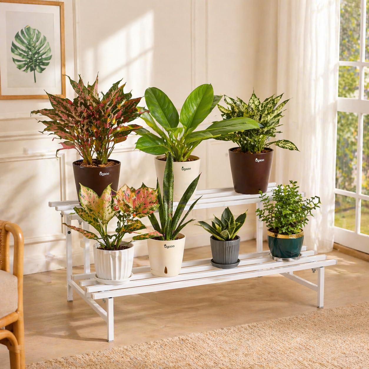 UGAOO Elevate 2-Tier Square Tube Heavy Duty Metal Plant Stand - White | Iron Pot Stand for Indoor & Outdoor Use | Balcony, Patio, Living Room & Garden Decor